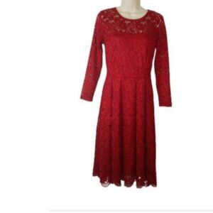 Miss May Womens Retro Gorgeous City Maroon Floral Lace Pleated Midi Dress M New